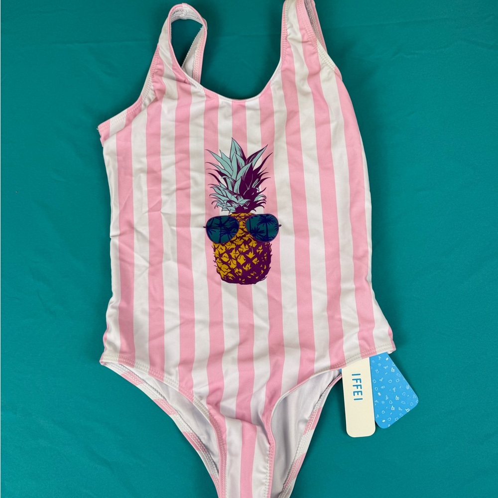 IFFEI Girls One Piece Swimsuit Pink Stripe Pineapple Print NWT 8–9 Years